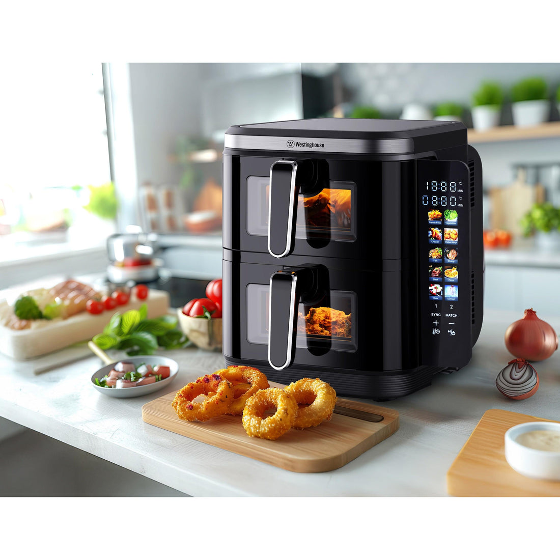 Freidora de Aire Vertical Westinghouse 11L | Doble Nivel, Ahorra Espacio y Cocina Más Rápido