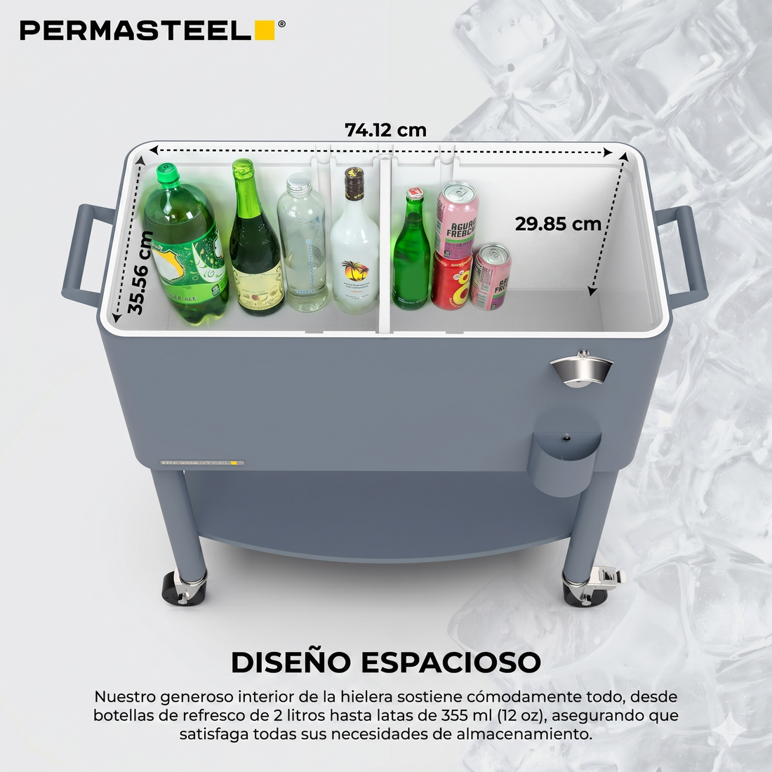 Cooler patio ruedas, repisa y divisiones 76 litros azul