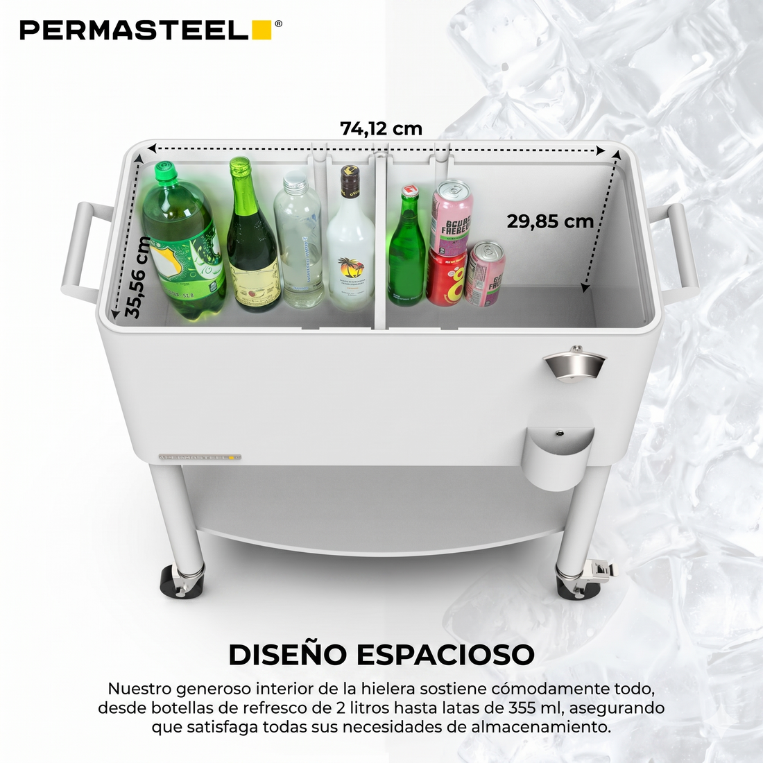 Cooler patio ruedas, repisa y divisiones 76 litros blanco