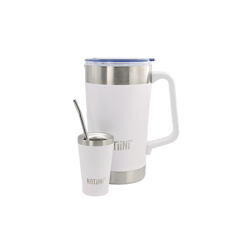 Jarra Térmica acero inoxidable 2L + vaso 140ml blanca - Irrompible, Conserva Bebidas Calientes o Frías