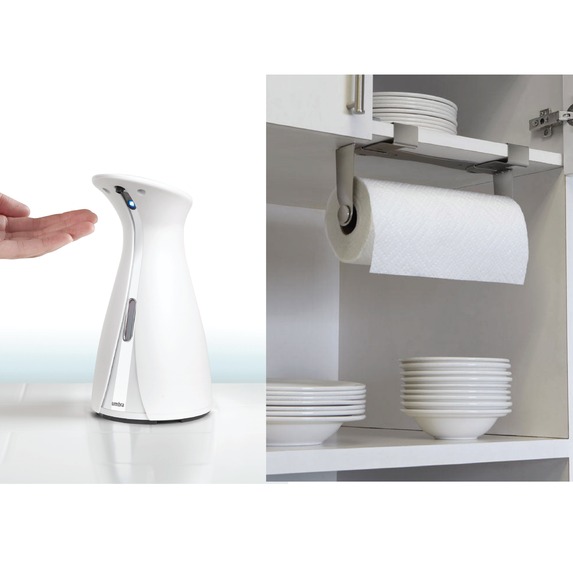 Kit Umbra Otino + Mountie | Dispensador Automático + Porta Papel Toalla sin Taladro – Diseño Moderno para Cocina y Baño