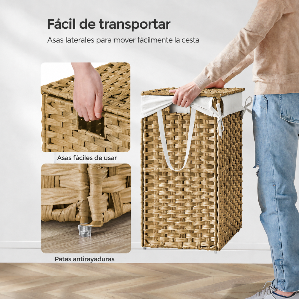 Cesto de ropa sucia ratán con tapa 90 L natural - foto 5