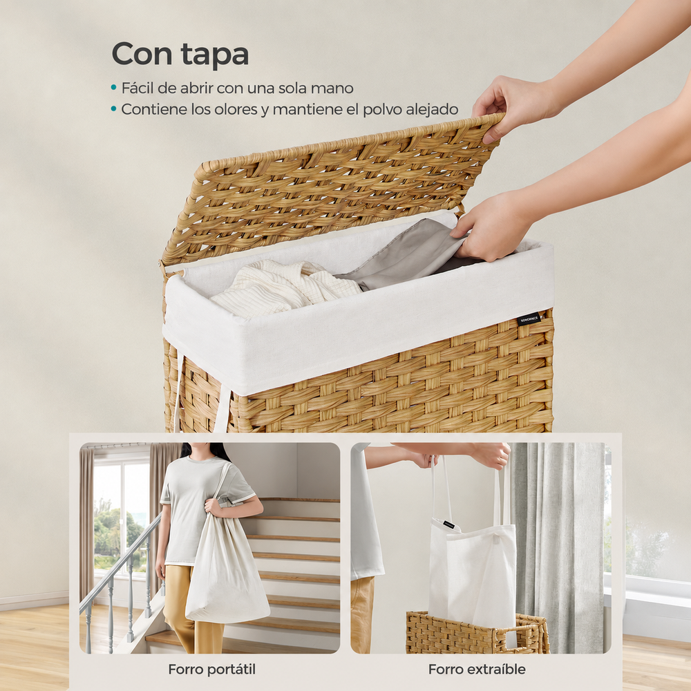 Cesto de ropa sucia slim ratán con tapa 55 L natural - foto 3