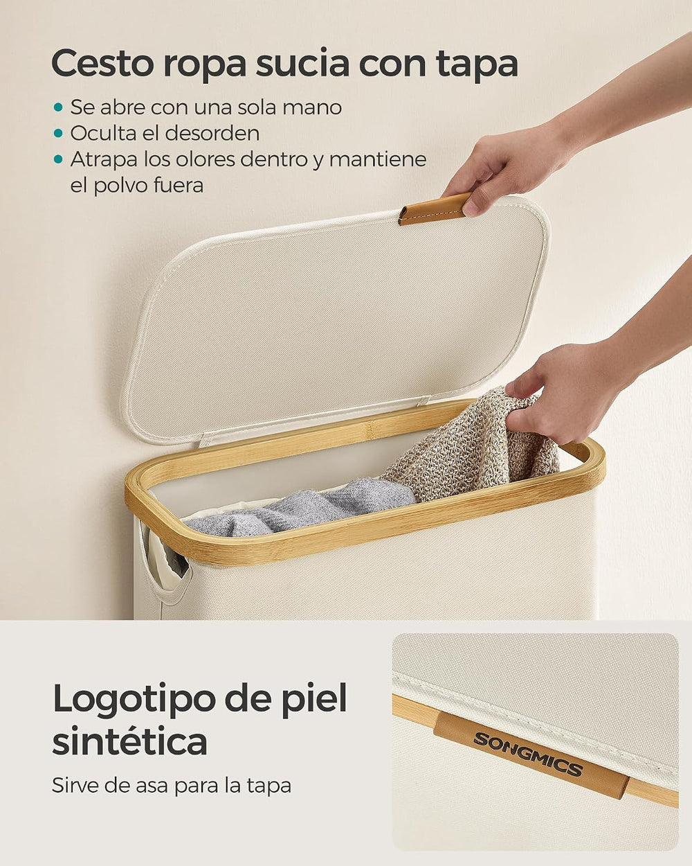 Cesto de ropa sucia slim con tapa 65 L crema - foto 3