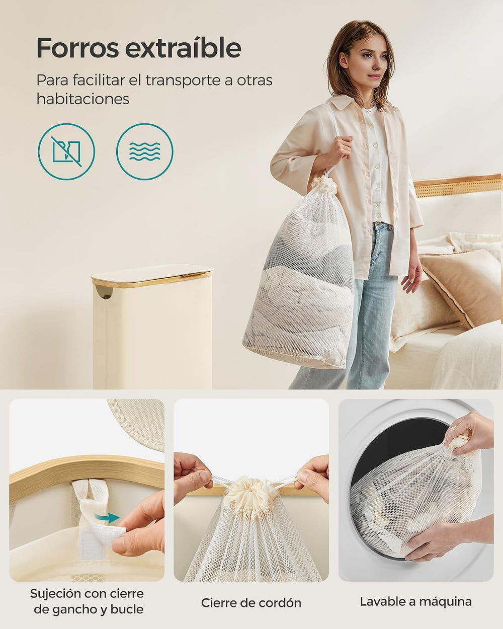 Cesto de ropa sucia slim con tapa 65 L crema - foto 4