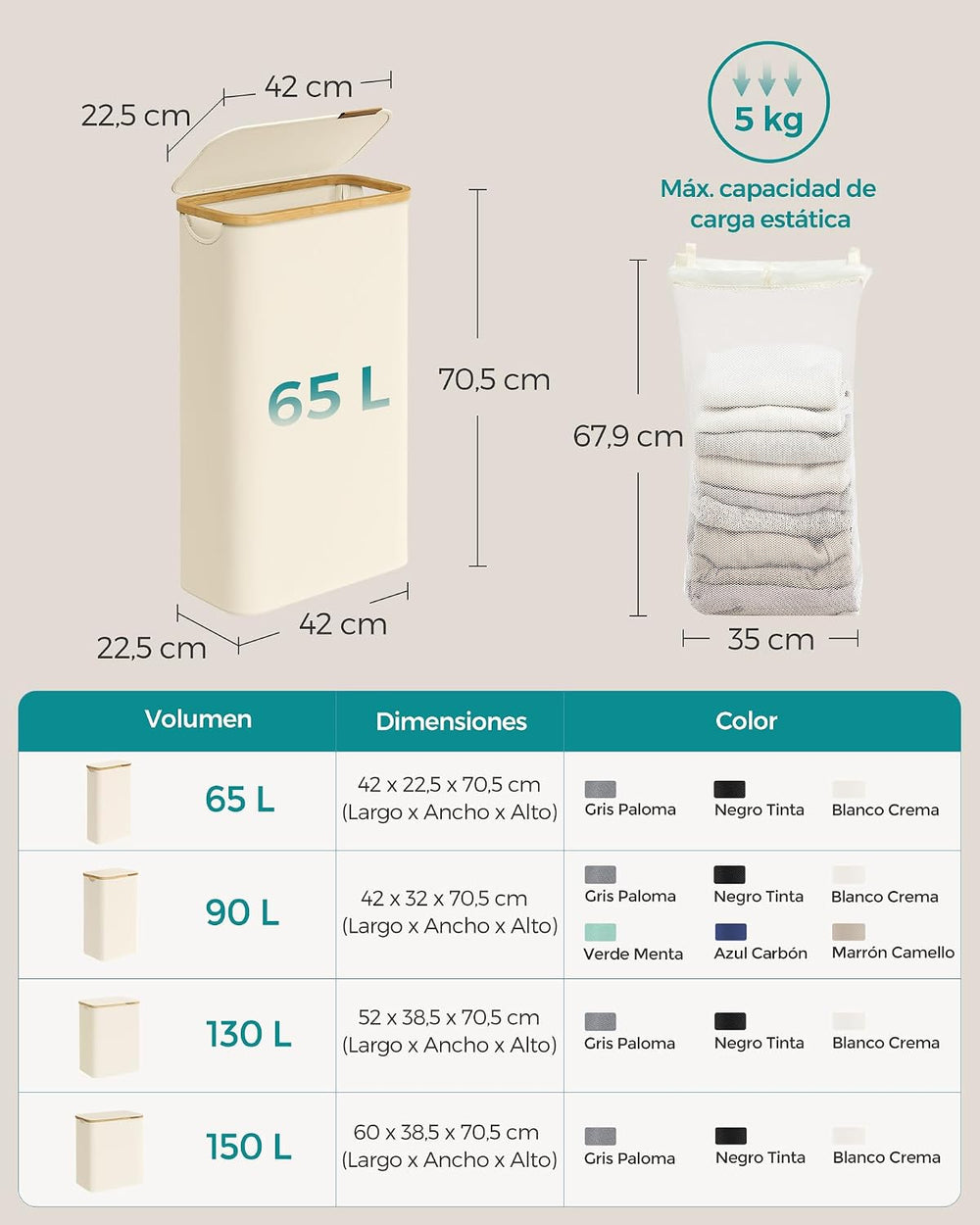 Cesto de ropa sucia slim con tapa 65 L crema - foto 5