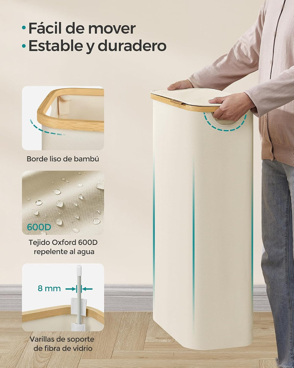 Cesto de ropa sucia slim con tapa 65 L crema - foto 6