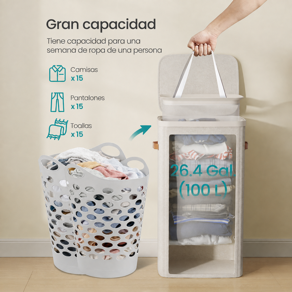 Cesto de ropa sucia con tapa 100 L beige - foto 4
