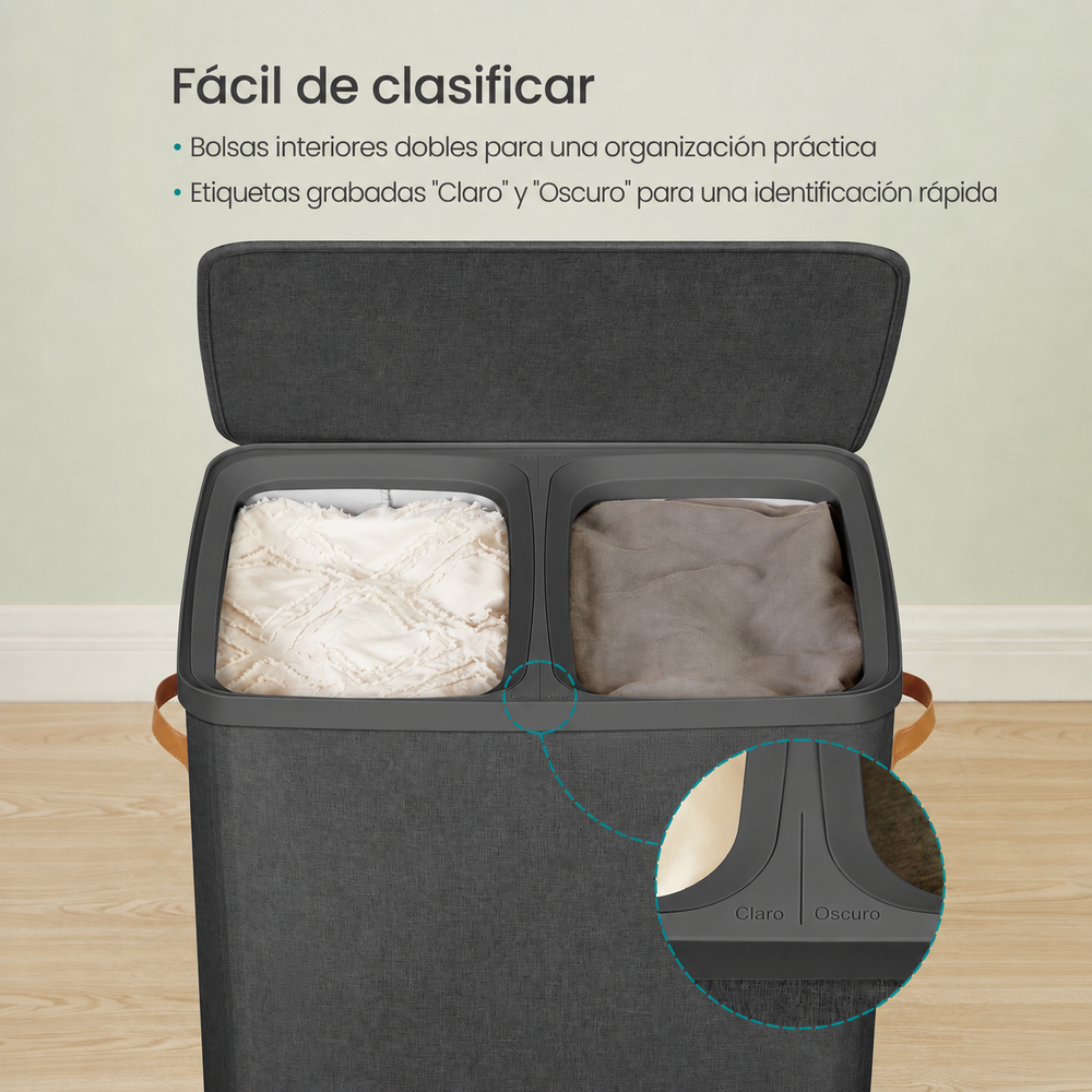 Cesto de ropa sucia doble con tapa 170 L negro - foto 3