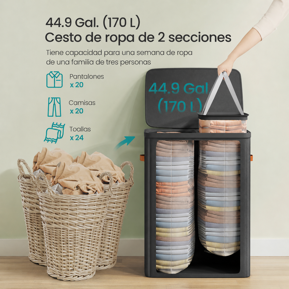 Cesto de ropa sucia doble con tapa 170 L negro - foto 4