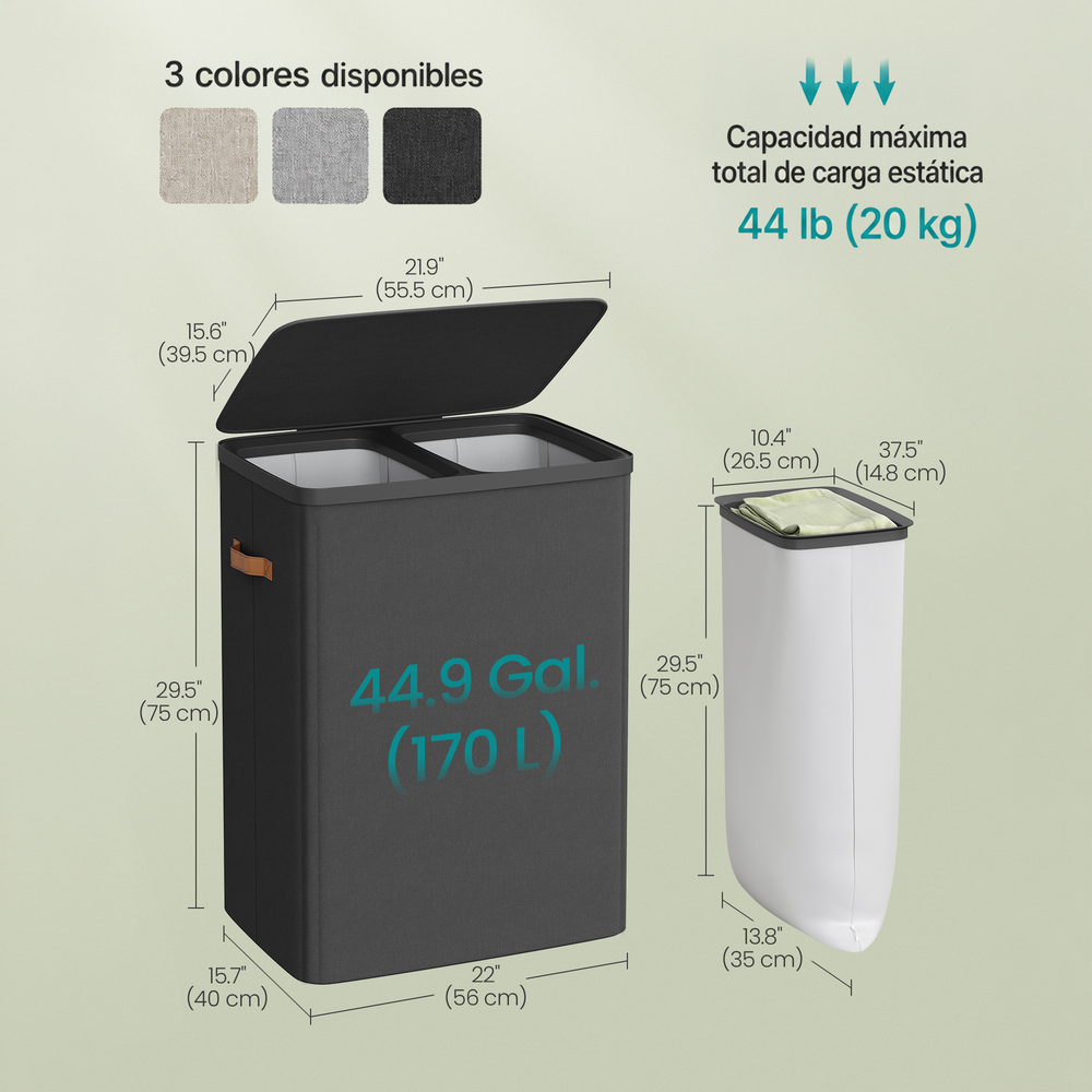 Cesto de ropa sucia doble con tapa 170 L negro - foto 6