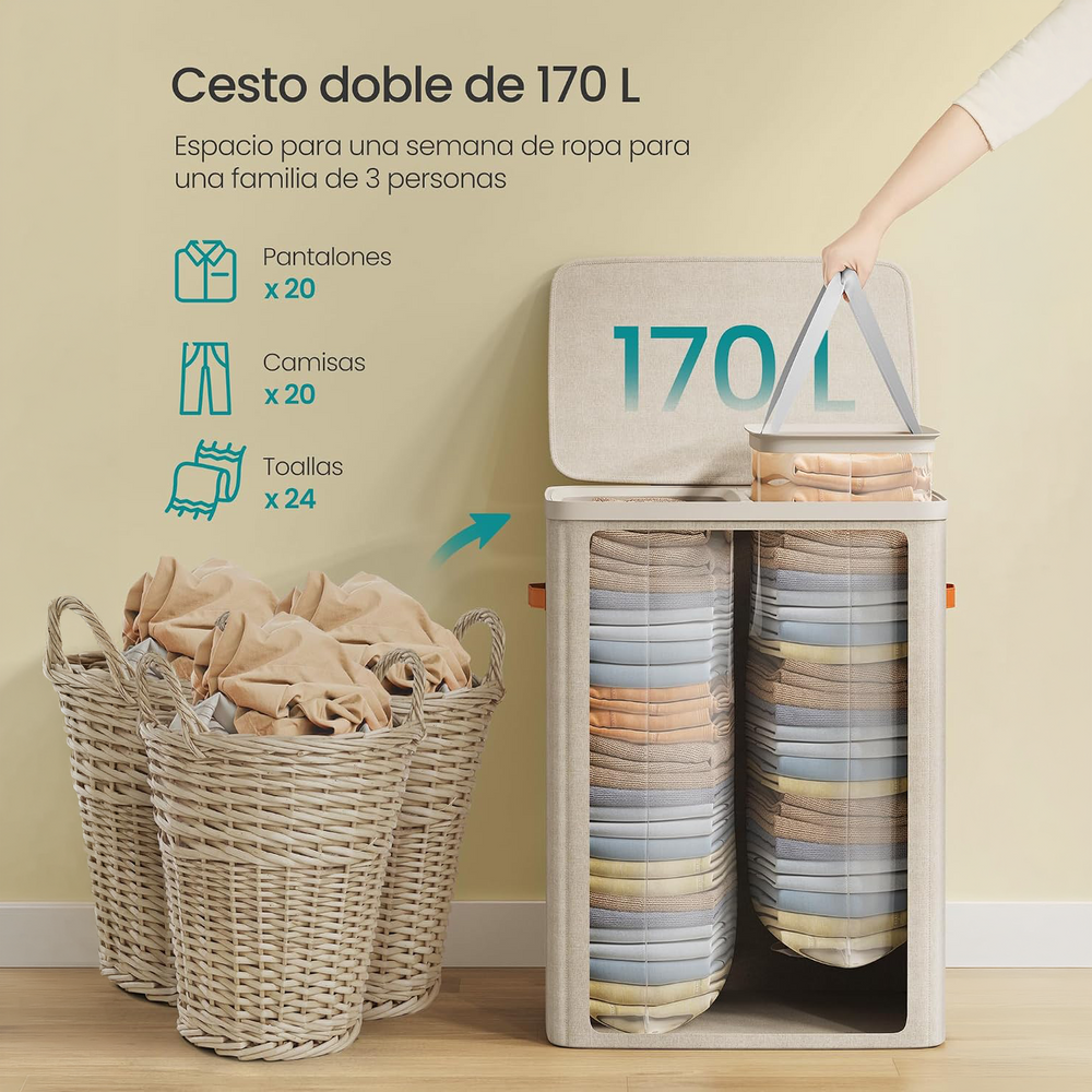 Cesto de ropa sucia doble con tapa 170 L beige - foto 4