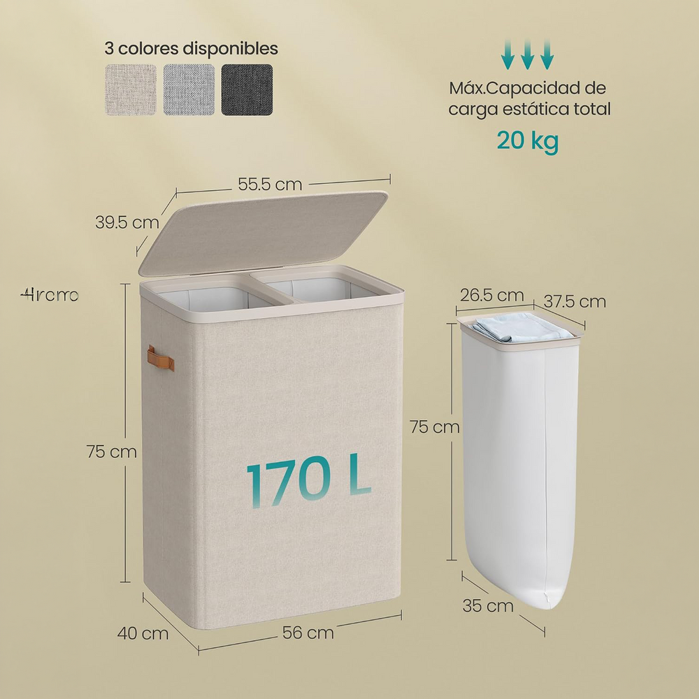 Cesto de ropa sucia doble con tapa 170 L beige - foto 6