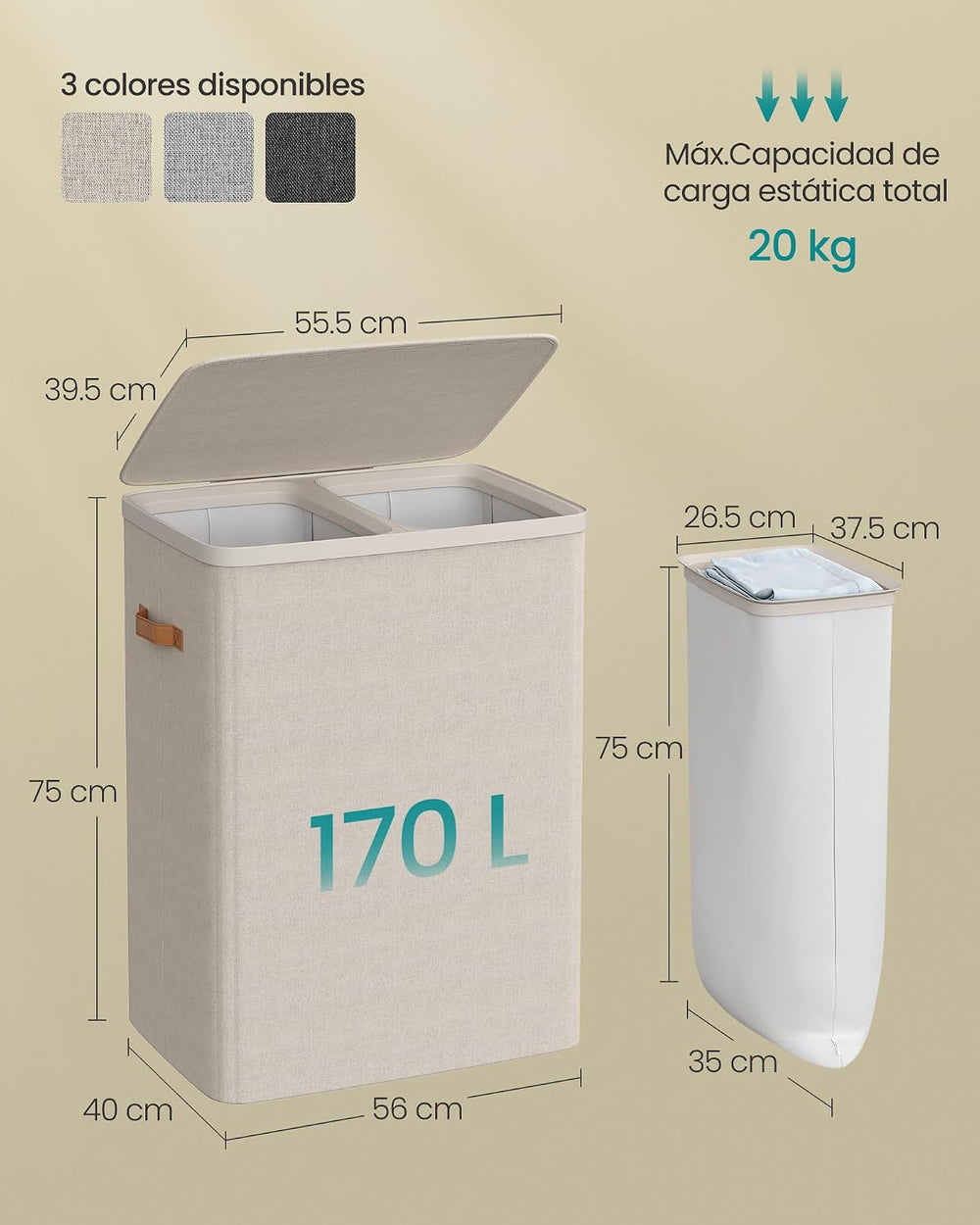 Cesto de ropa sucia doble con tapa 170 L beige - foto 7