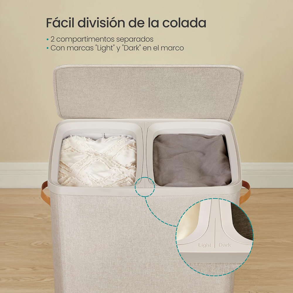 Cesto de ropa sucia doble con tapa 170 L beige - foto 3
