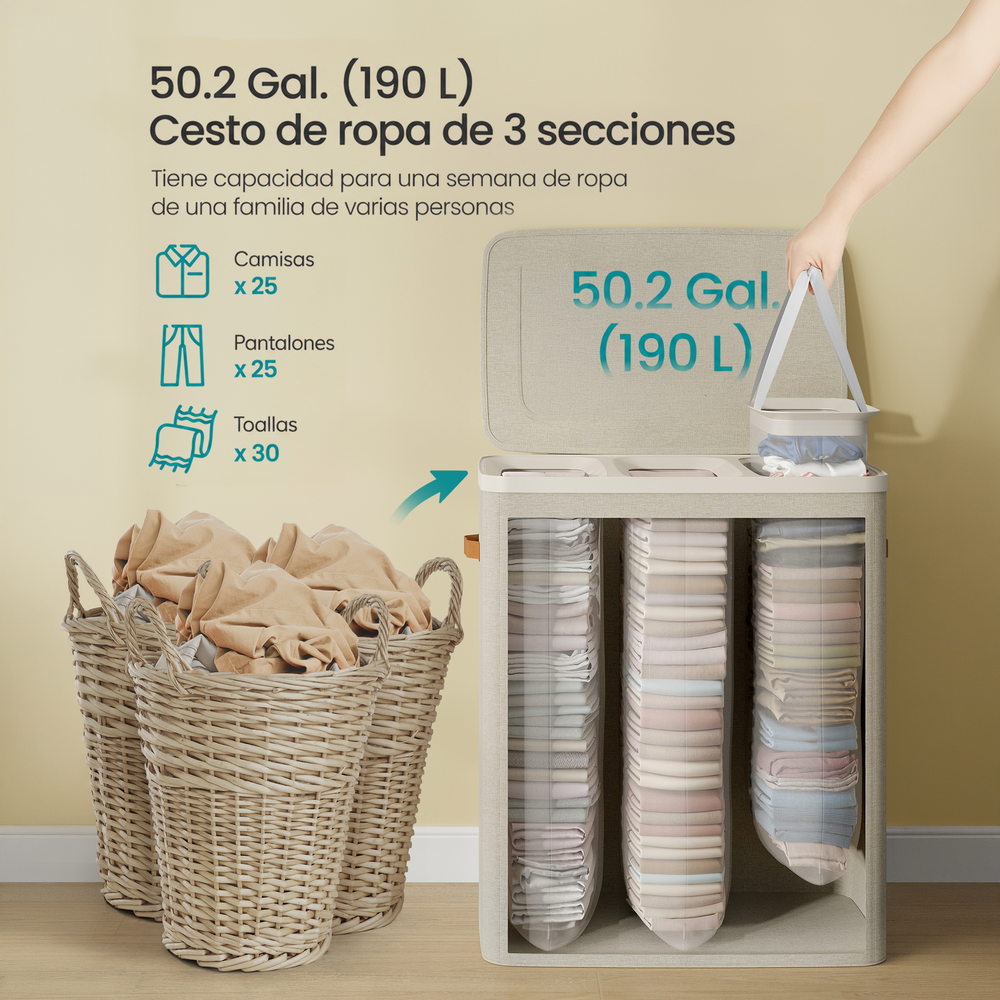 Cesto de ropa sucia triple con tapa 190 L beige - foto 4