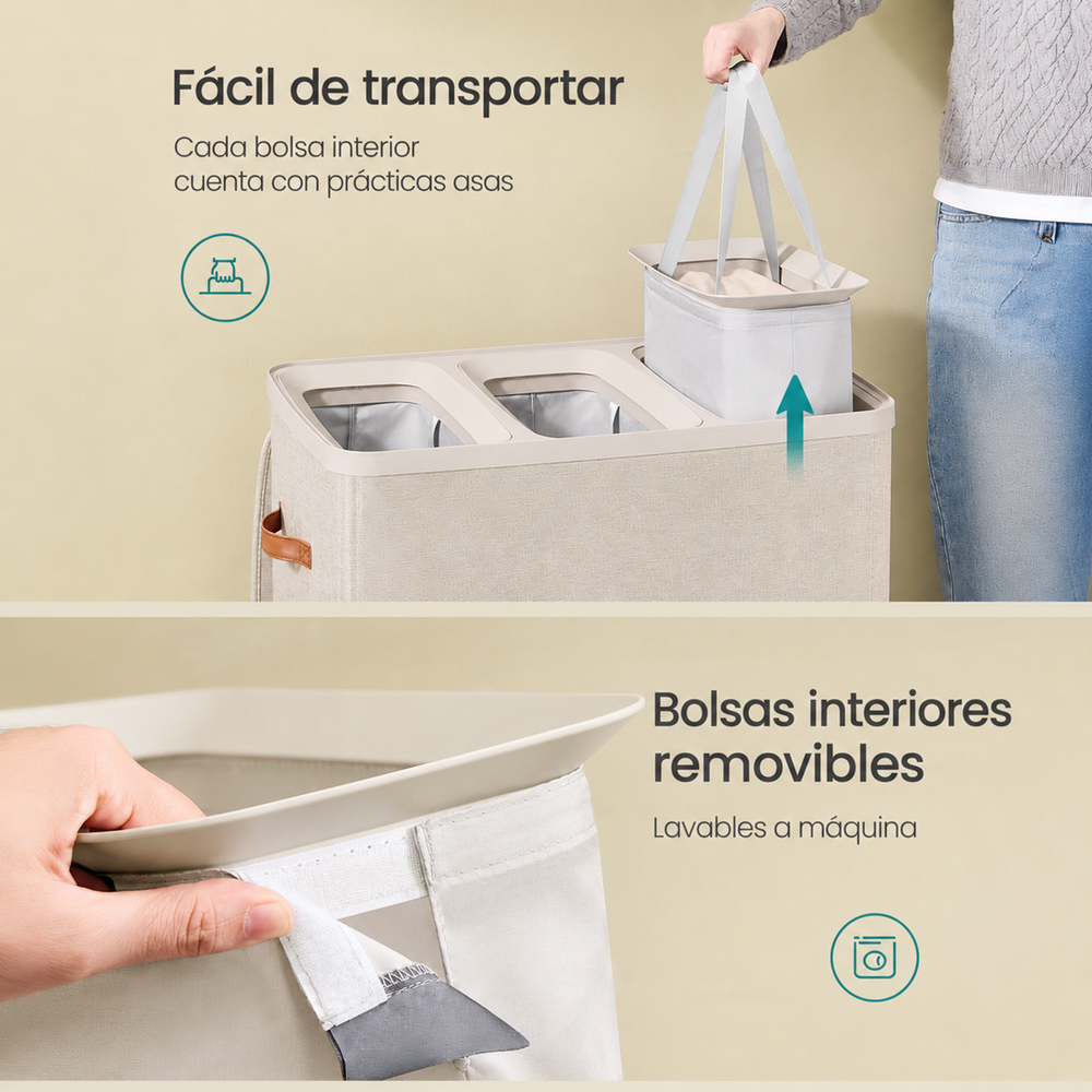 Cesto de ropa sucia triple con tapa 190 L beige - foto 5
