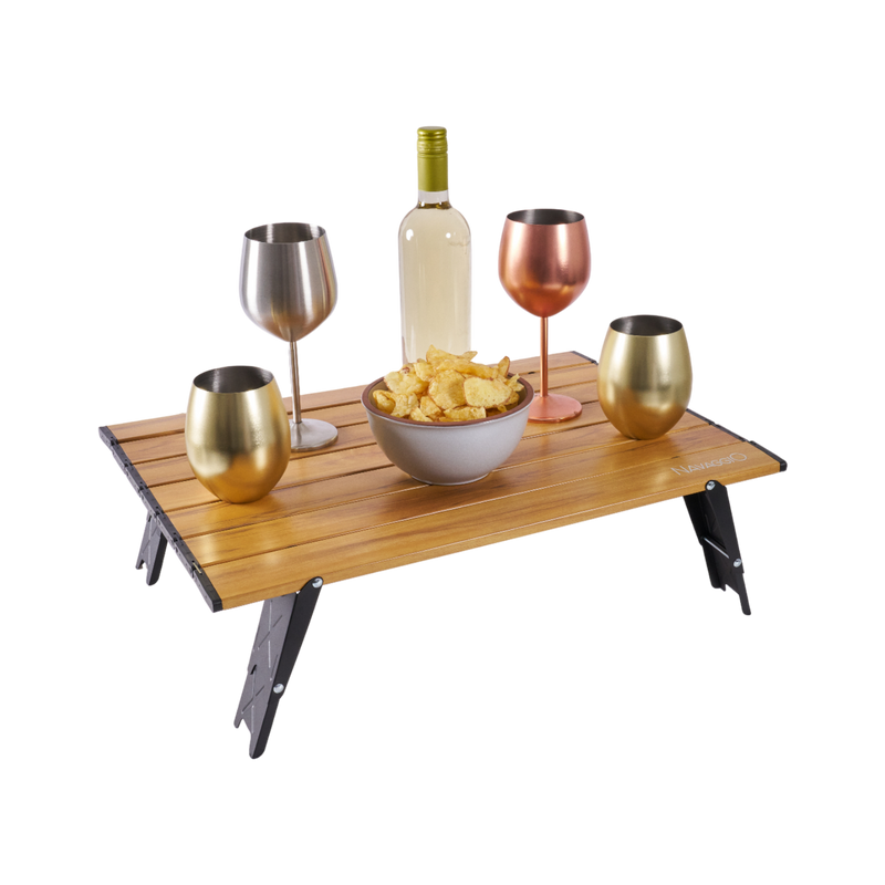 Mesa plegable de aluminio amaderada · Altura Ajustable, aluminio y Ultraliviana 56x41 cm