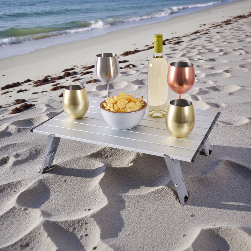 Mesa plegable de aluminio plateada · Altura Ajustable, aluminio y Ultraliviana 56x41 cm