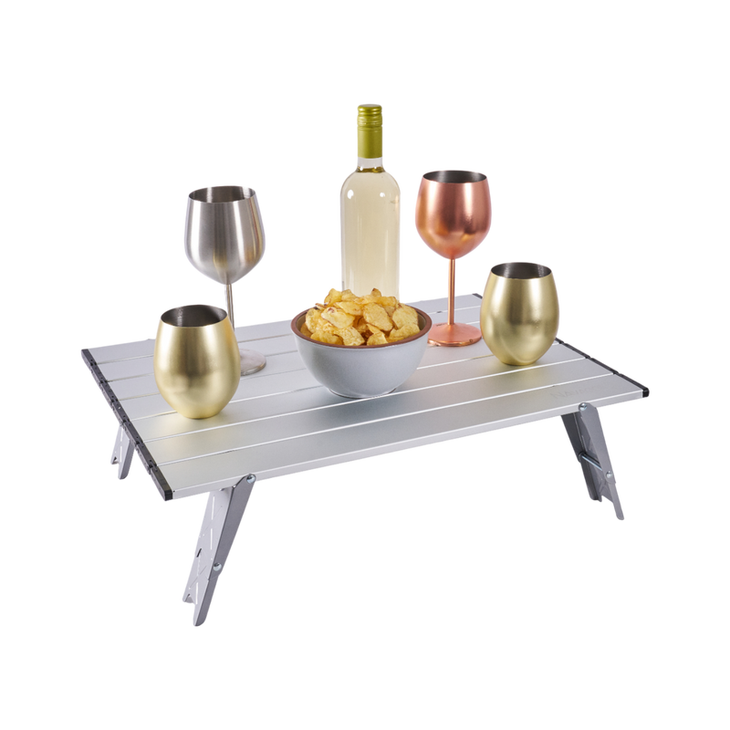 Mesa plegable de aluminio plateada · Altura Ajustable, aluminio y Ultraliviana 56x41 cm