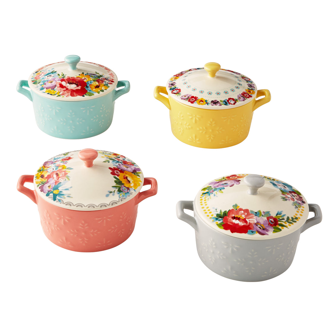 Mini Cazuelas de Gres 4 Piezas con Tapa Sweet Romance Blossoms – Colores Surtidos y Diseño Floral