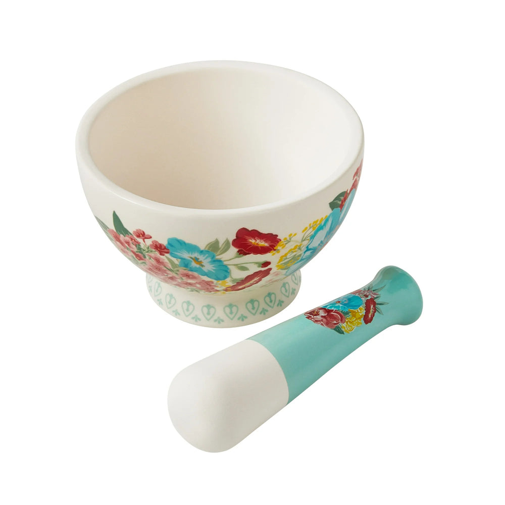 Mortero de Gres con Mano Fancy Flourish – Diseño Floral y Estilo Vintage