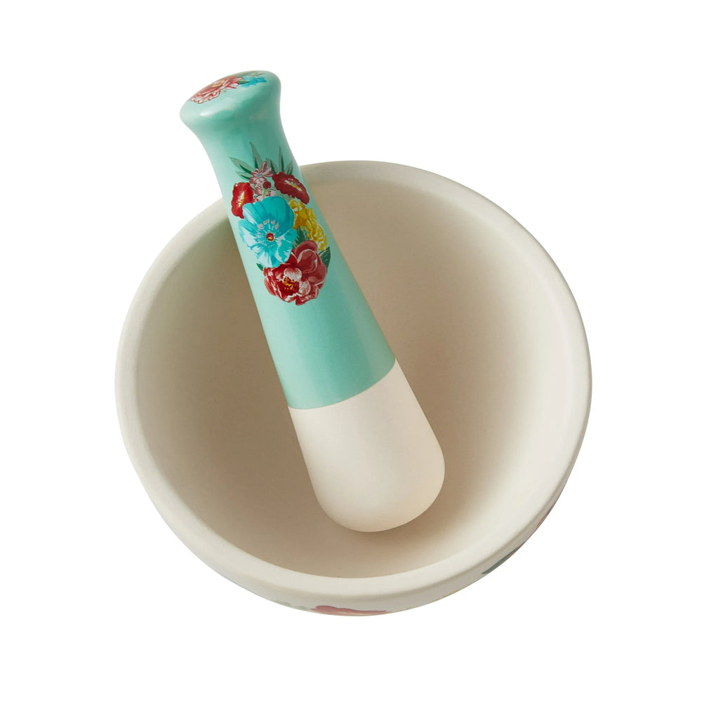 Mortero de Gres con Mano Fancy Flourish – Diseño Floral y Estilo Vintage