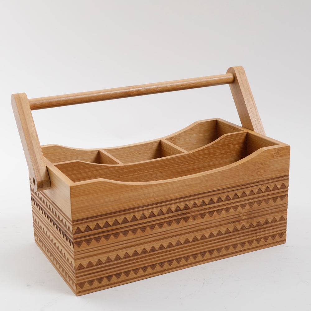 Organizador de Cubiertos de Bambú Sadler – Portátil con 4 Compartimentos y Diseño Tribal