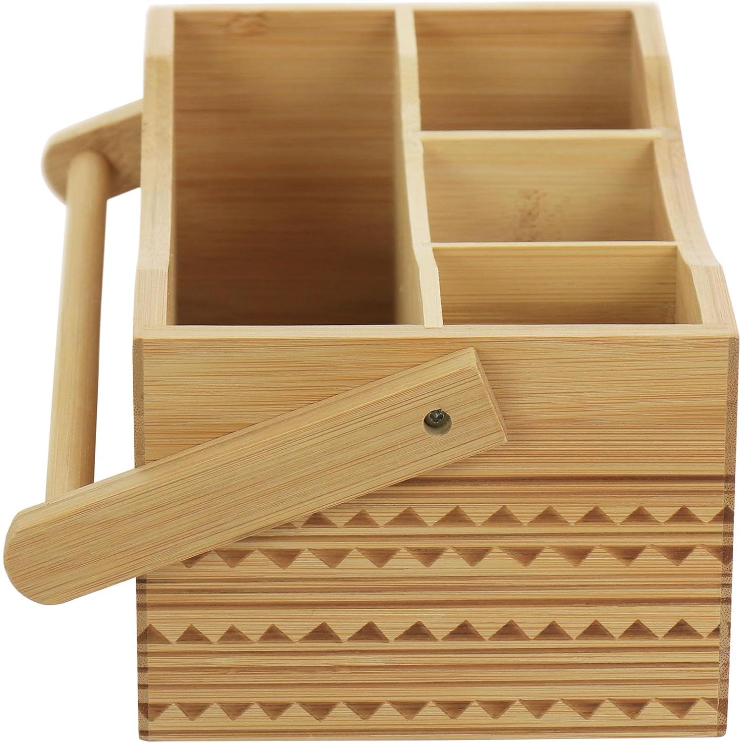 Organizador de Cubiertos de Bambú Sadler – Portátil con 4 Compartimentos y Diseño Tribal