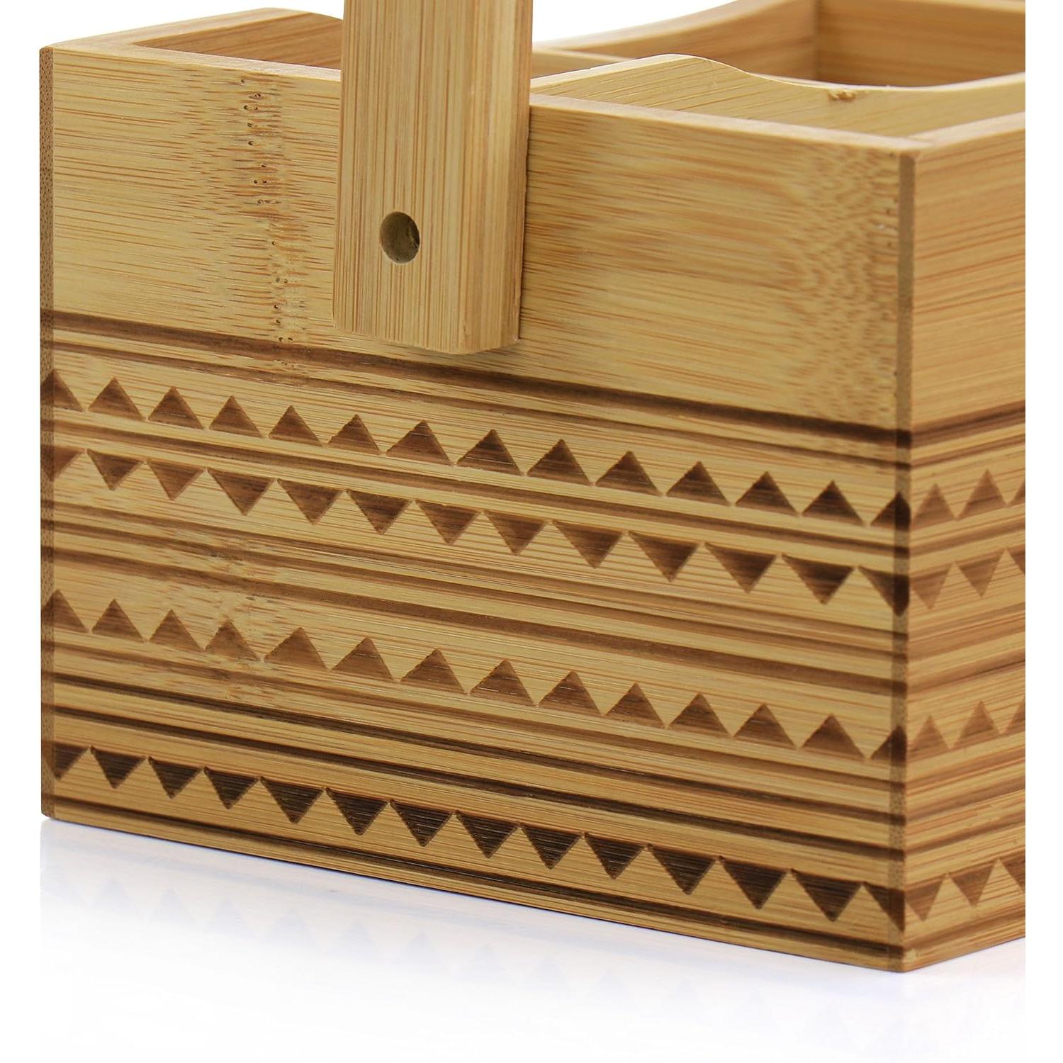 Organizador de Cubiertos de Bambú Sadler – Portátil con 4 Compartimentos y Diseño Tribal