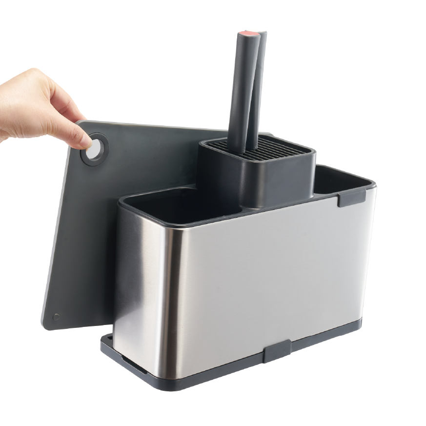 Organizador utensilios acero inoxidable Kala - Con ranuras para cuchillos, compartimento para cubiertos y tabla de picar