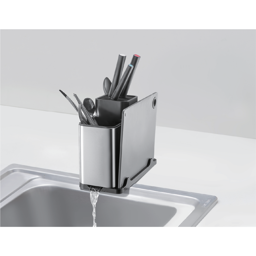 Organizador utensilios acero inoxidable Kala - Con ranuras para cuchillos, compartimento para cubiertos y tabla de picar