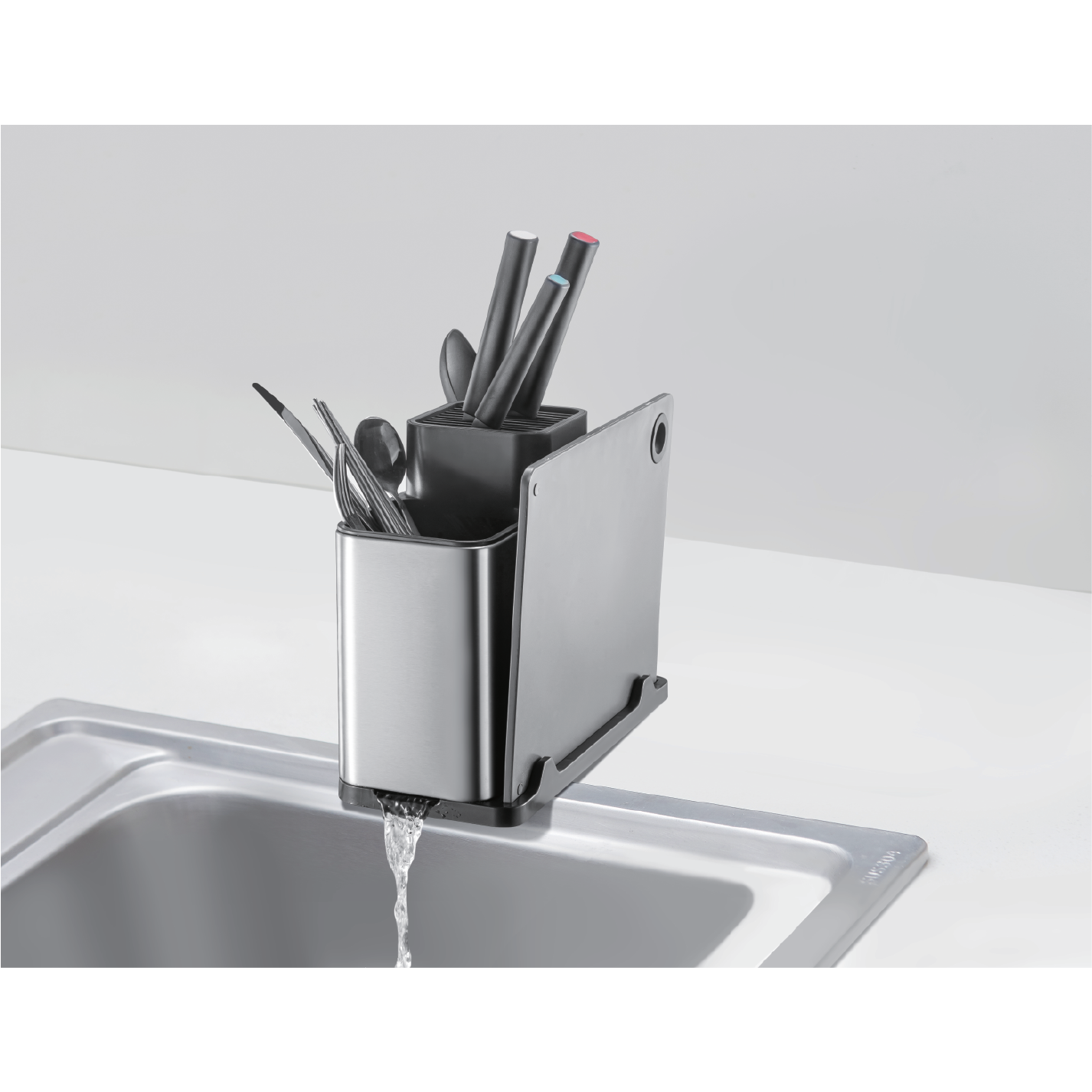 Organizador utensilios acero inoxidable Kala - Con ranuras para cuchillos, compartimento para cubiertos y tabla de picar