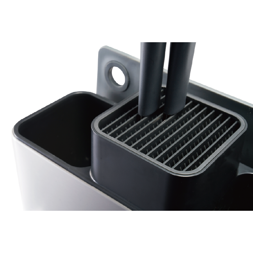 Organizador utensilios acero inoxidable Kala - Con ranuras para cuchillos, compartimento para cubiertos y tabla de picar