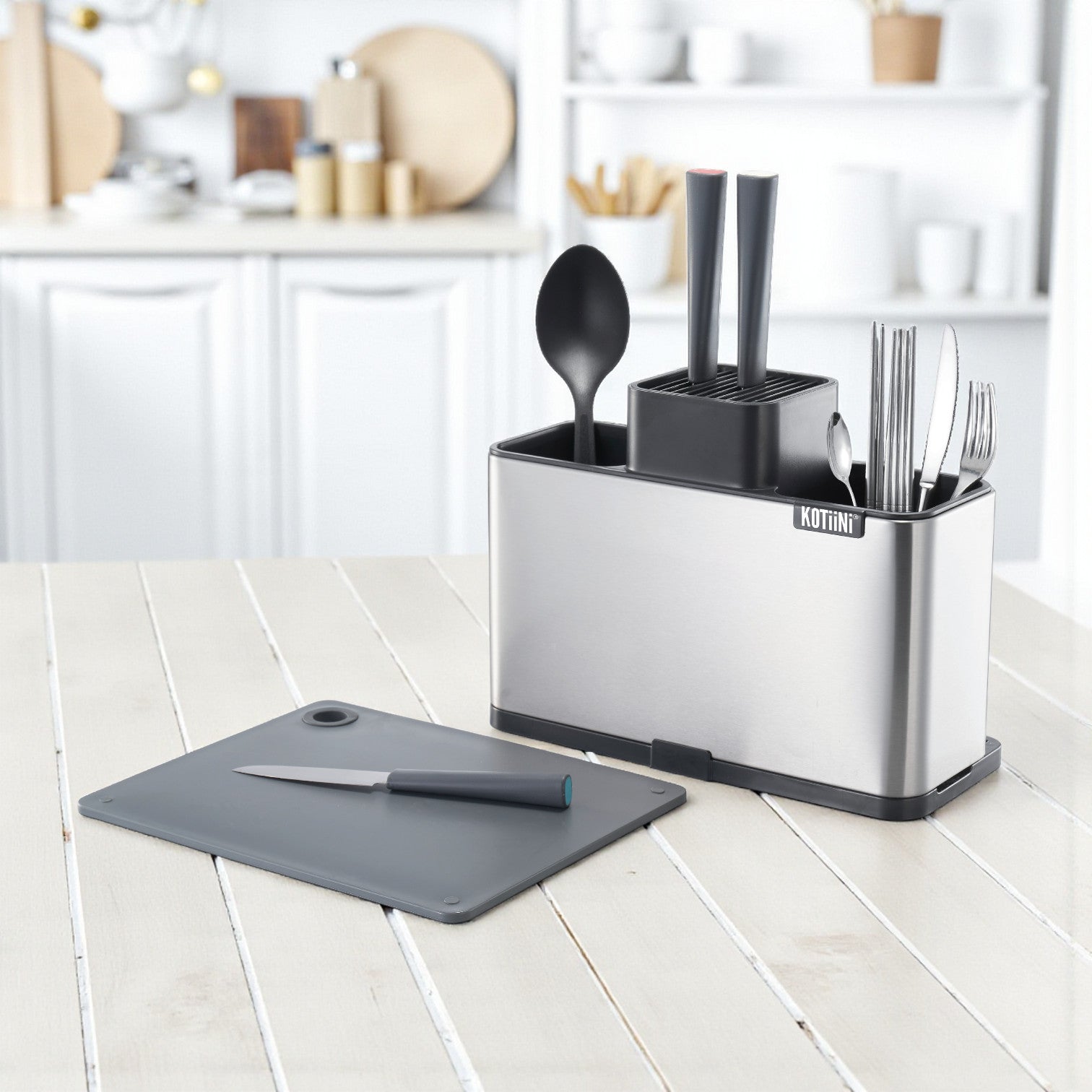 Organizador utensilios acero inoxidable Kala - Con ranuras para cuchillos, compartimento para cubiertos y tabla de picar