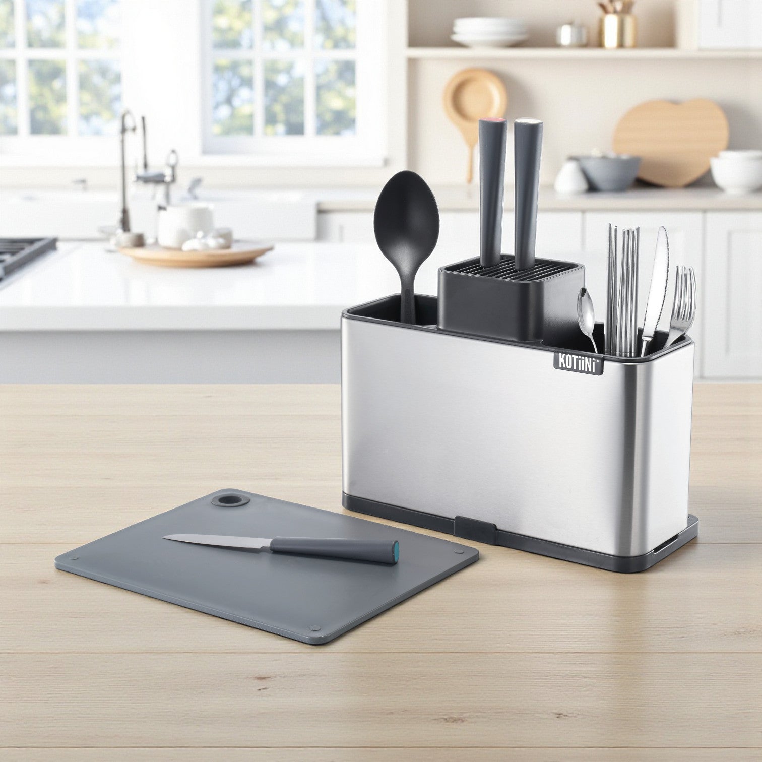 Organizador utensilios acero inoxidable Kala - Con ranuras para cuchillos, compartimento para cubiertos y tabla de picar