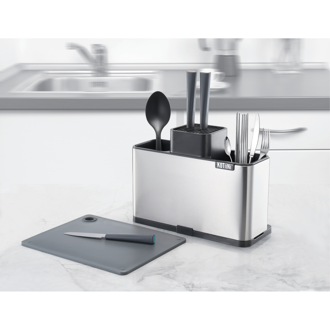 Organizador utensilios acero inoxidable Kala - Con ranuras para cuchillos, compartimento para cubiertos y tabla de picar