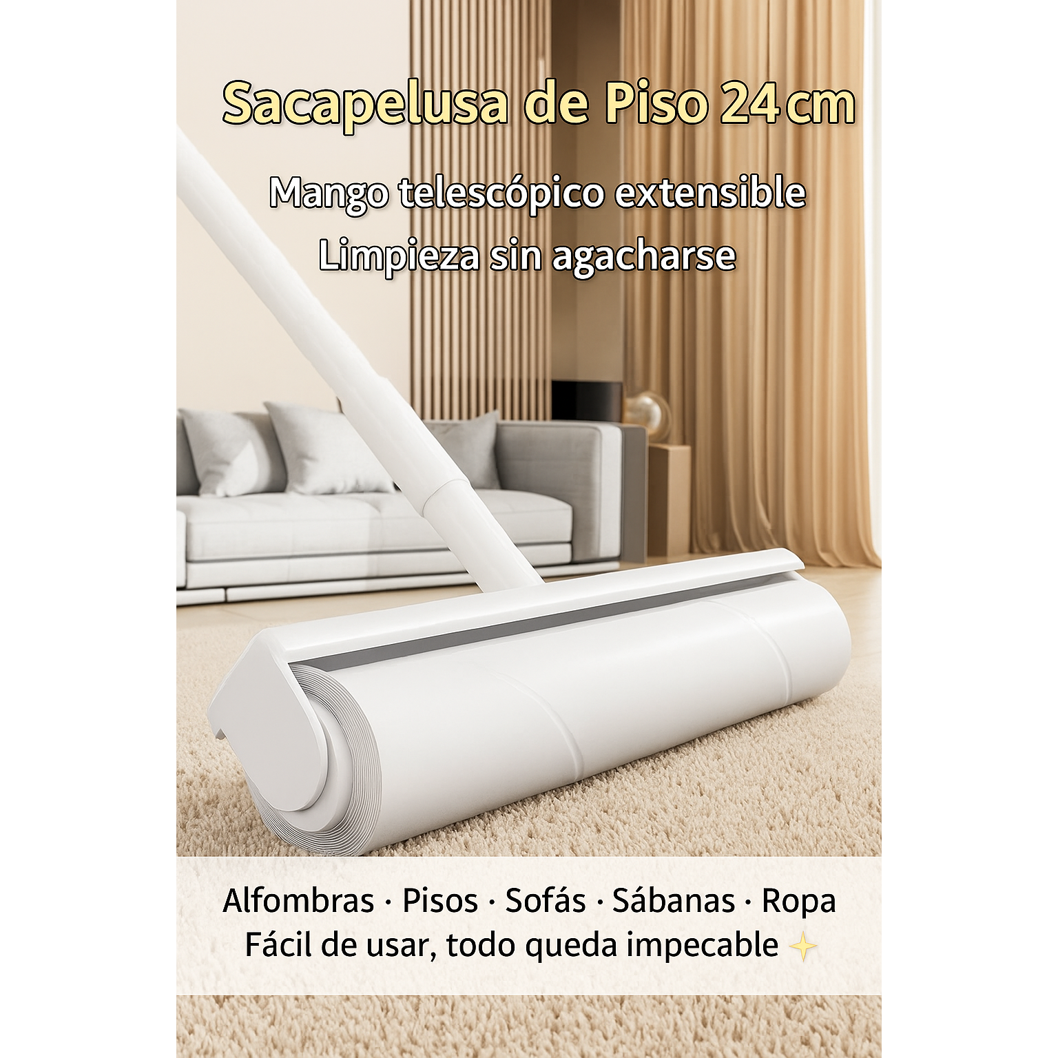Roller XL Anti-Pelusa c/2 repuestos 100 hojas - Removedor de Pelos y Polvo para Piso, Sofá y Alfombra