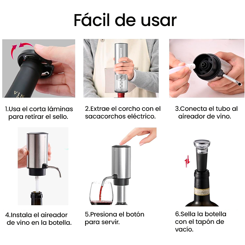 Set Eléctrico Premium de Vino USB acero Inoxidable 4 en 1: Sacacorcho, Decantador, Cortador y Tapón al Vacío