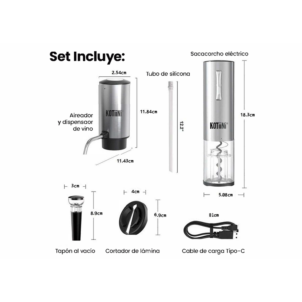 Set Eléctrico Premium de Vino USB acero Inoxidable 4 en 1: Sacacorcho, Decantador, Cortador y Tapón al Vacío