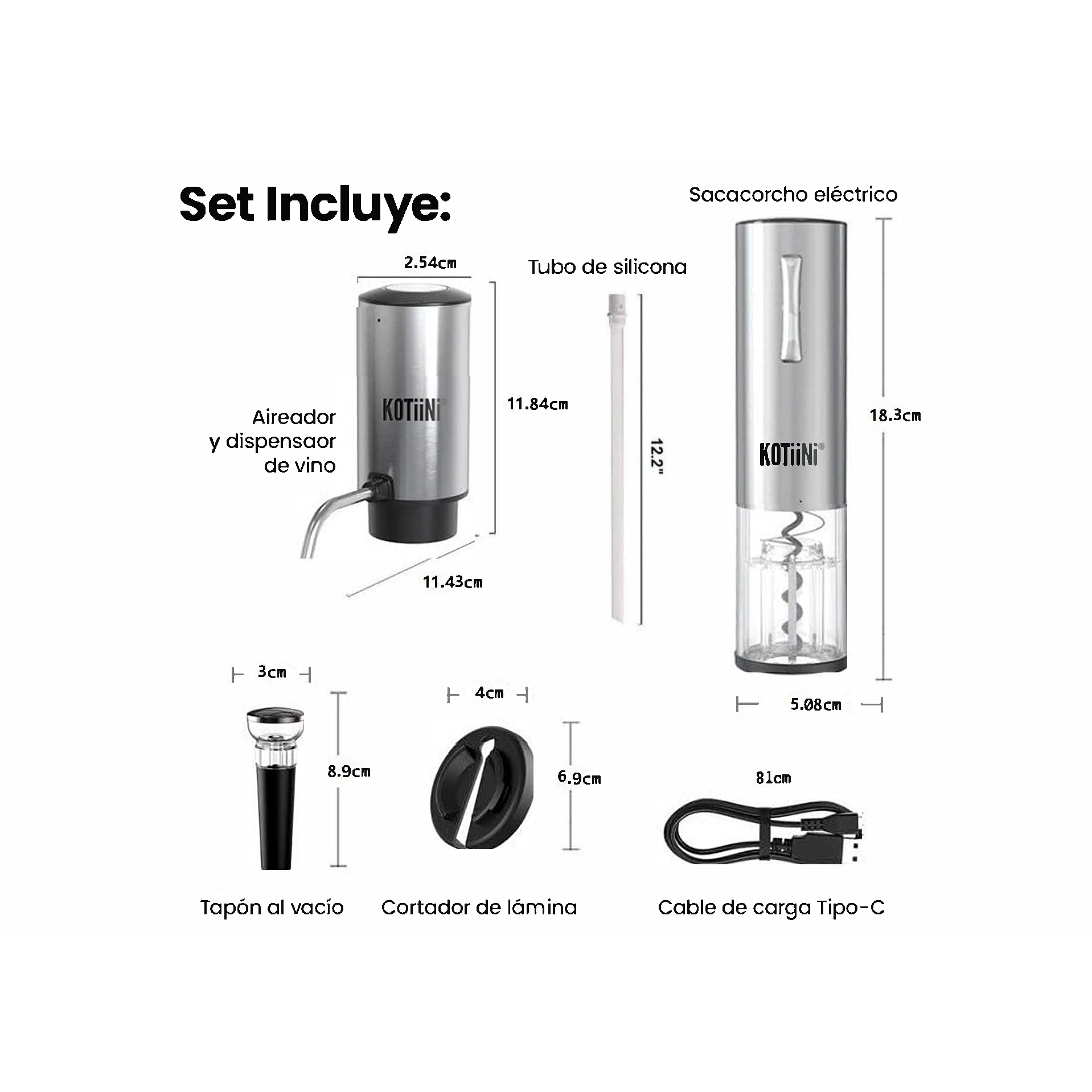 Set Eléctrico Premium de Vino USB acero Inoxidable 4 en 1: Sacacorcho, Decantador, Cortador y Tapón al Vacío