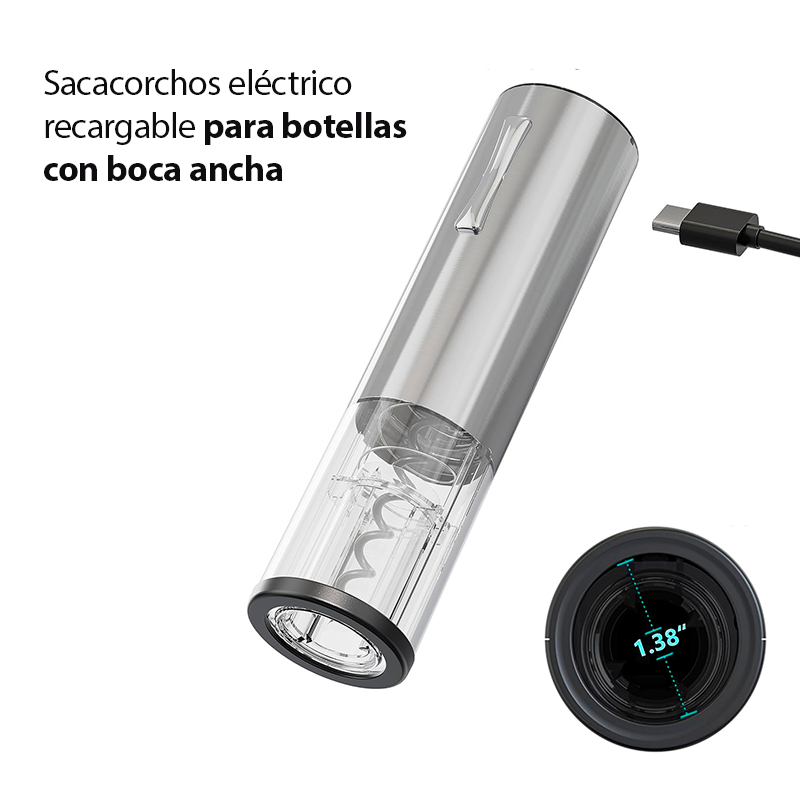 Set Eléctrico Premium de Vino USB acero Inoxidable 4 en 1: Sacacorcho, Decantador, Cortador y Tapón al Vacío