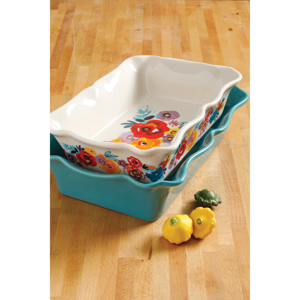 Set de 2 Fuentes Rectangulares de Gres 3.4 L y 2.2 L – Floral Vintage con Bordes Ondulados