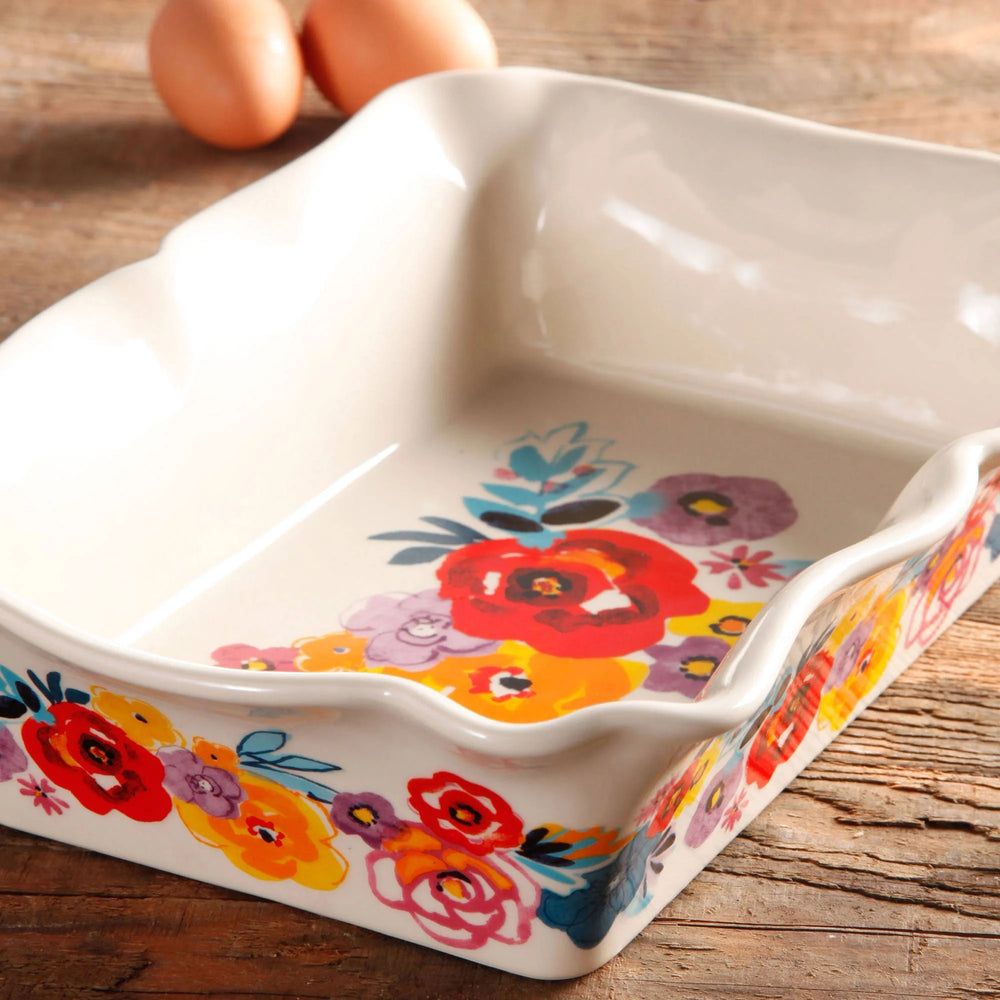 Set de 2 Fuentes Rectangulares de Gres 3.4 L y 2.2 L – Floral Vintage con Bordes Ondulados