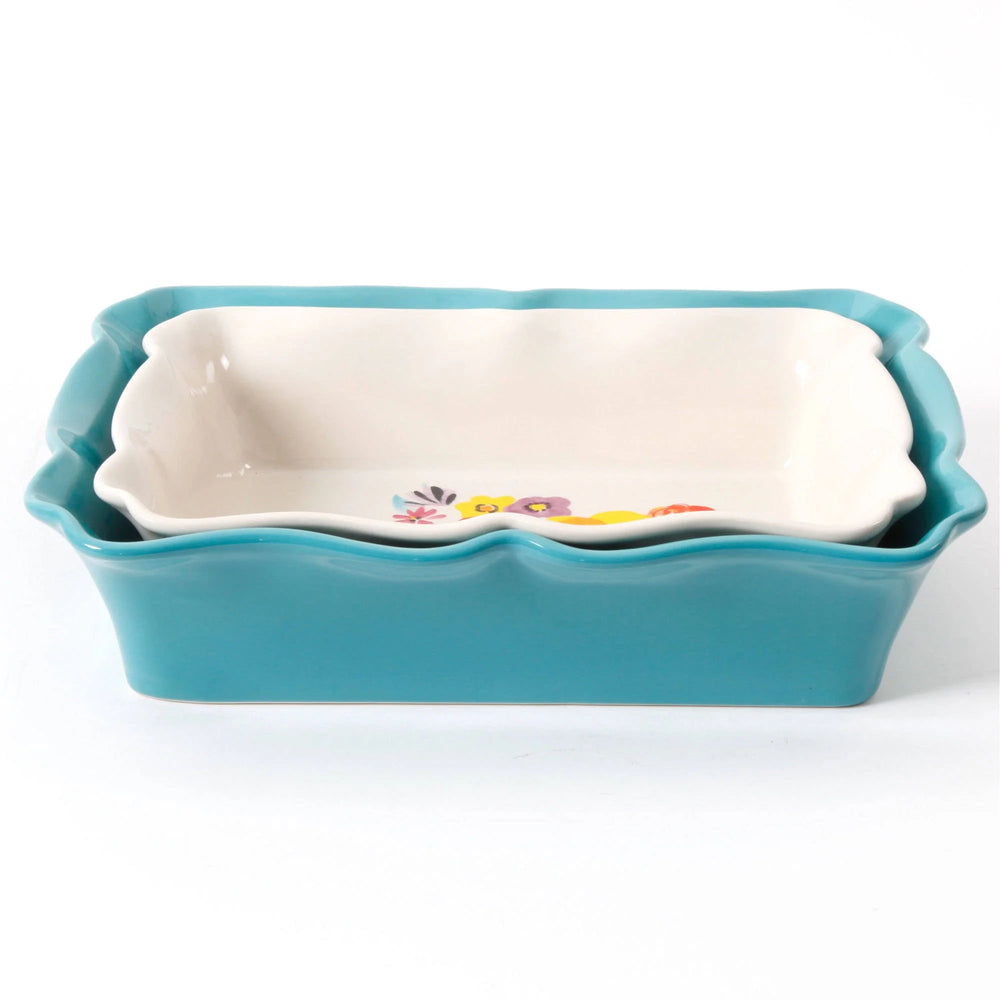 Set de 2 Fuentes Rectangulares de Gres 3.4 L y 2.2 L – Floral Vintage con Bordes Ondulados