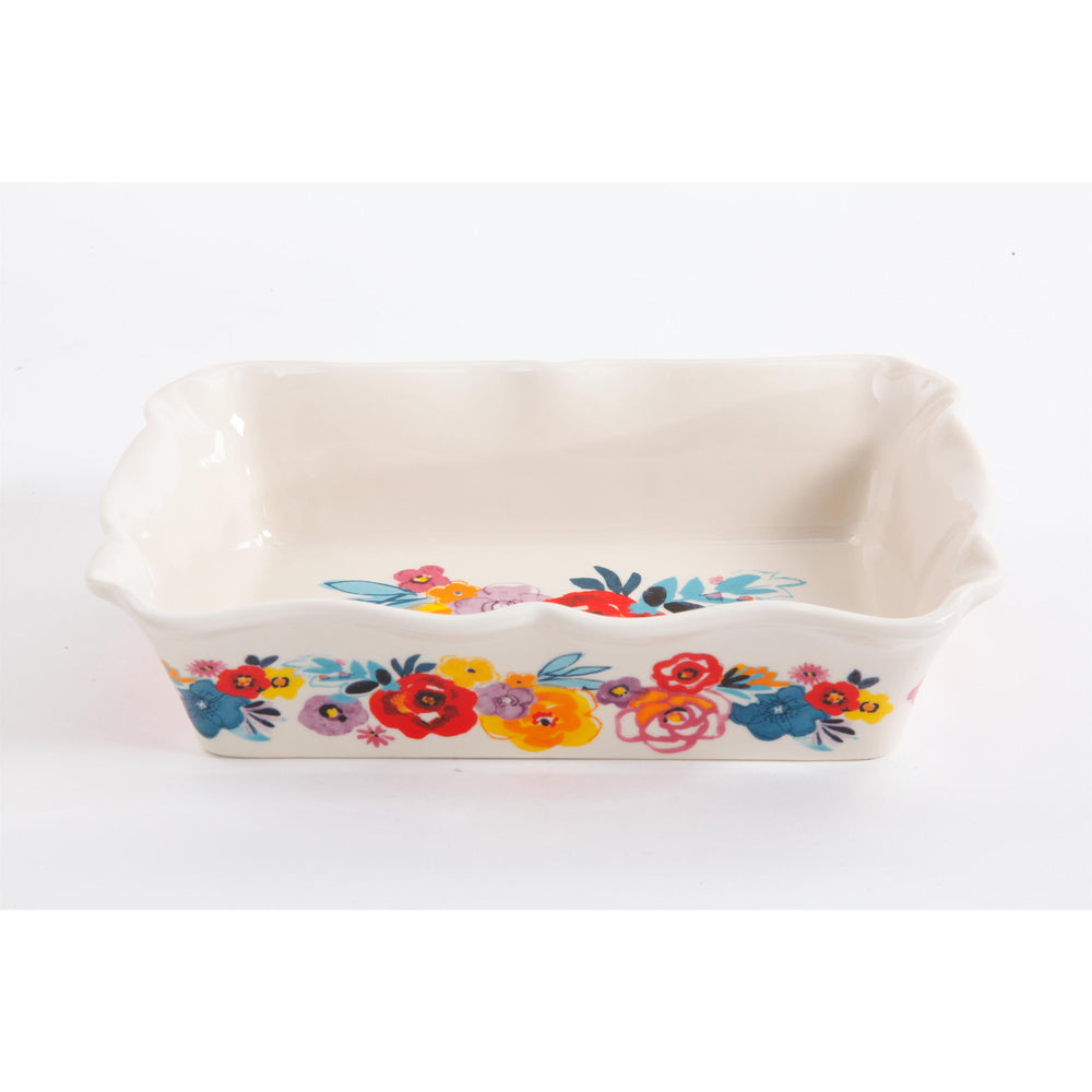 Set de 2 Fuentes Rectangulares de Gres 3.4 L y 2.2 L – Floral Vintage con Bordes Ondulados