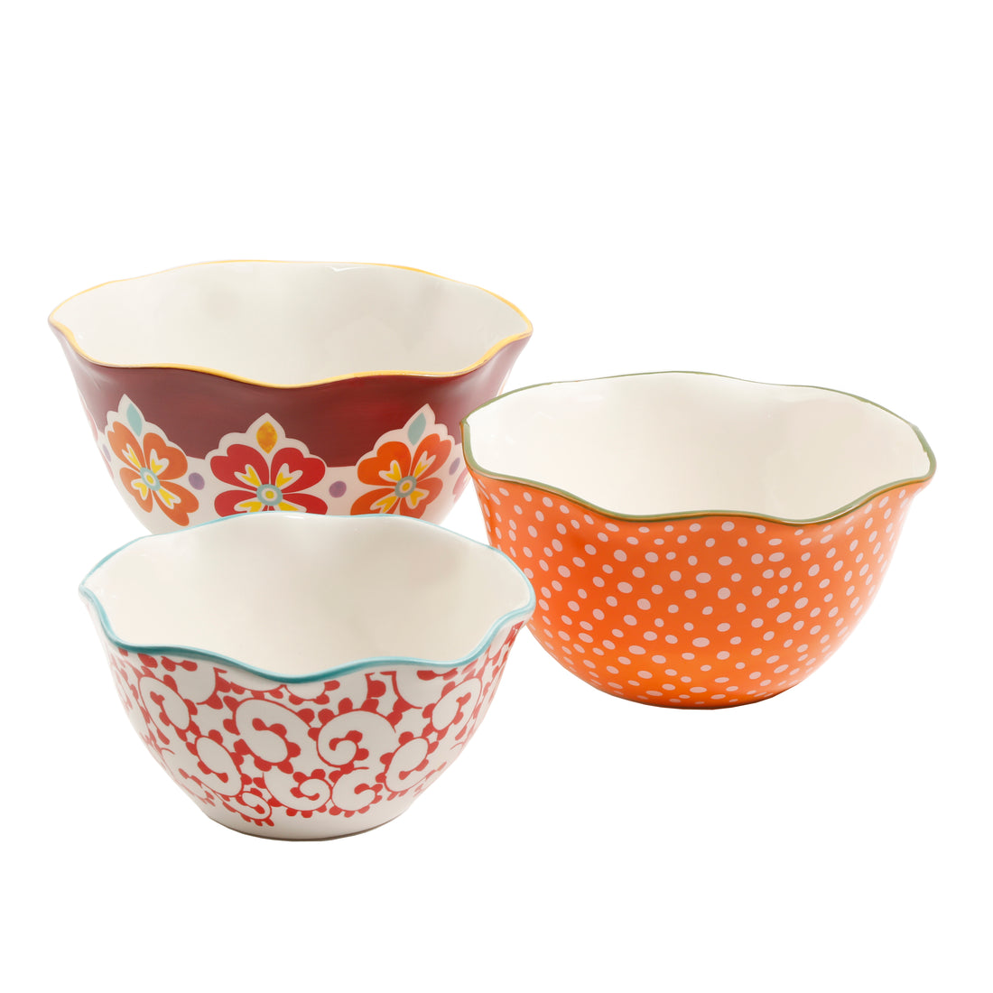 Set de 3 Bowls de Gres Flea Market – Diseño Floral con Bordes Ondulados (25.4cm, 22.8cm y 19.8cm)
