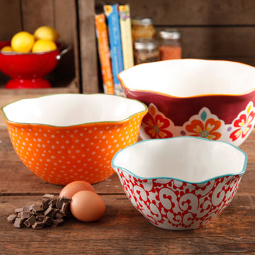 Set de 3 Bowls de Gres Flea Market – Diseño Floral con Bordes Ondulados (25.4cm, 22.8cm y 19.8cm)