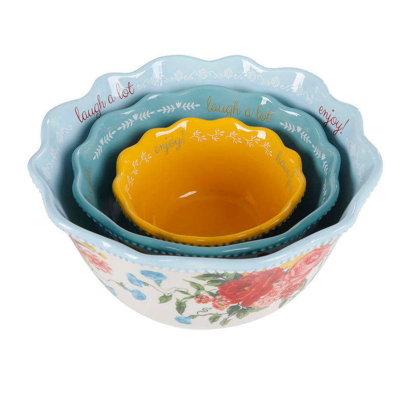 Set de 3 Bowls de Gres Floral Sweet Rose – Estilo Country Chic para Servir (25.4cm, 20.3cm y 15.2cm)