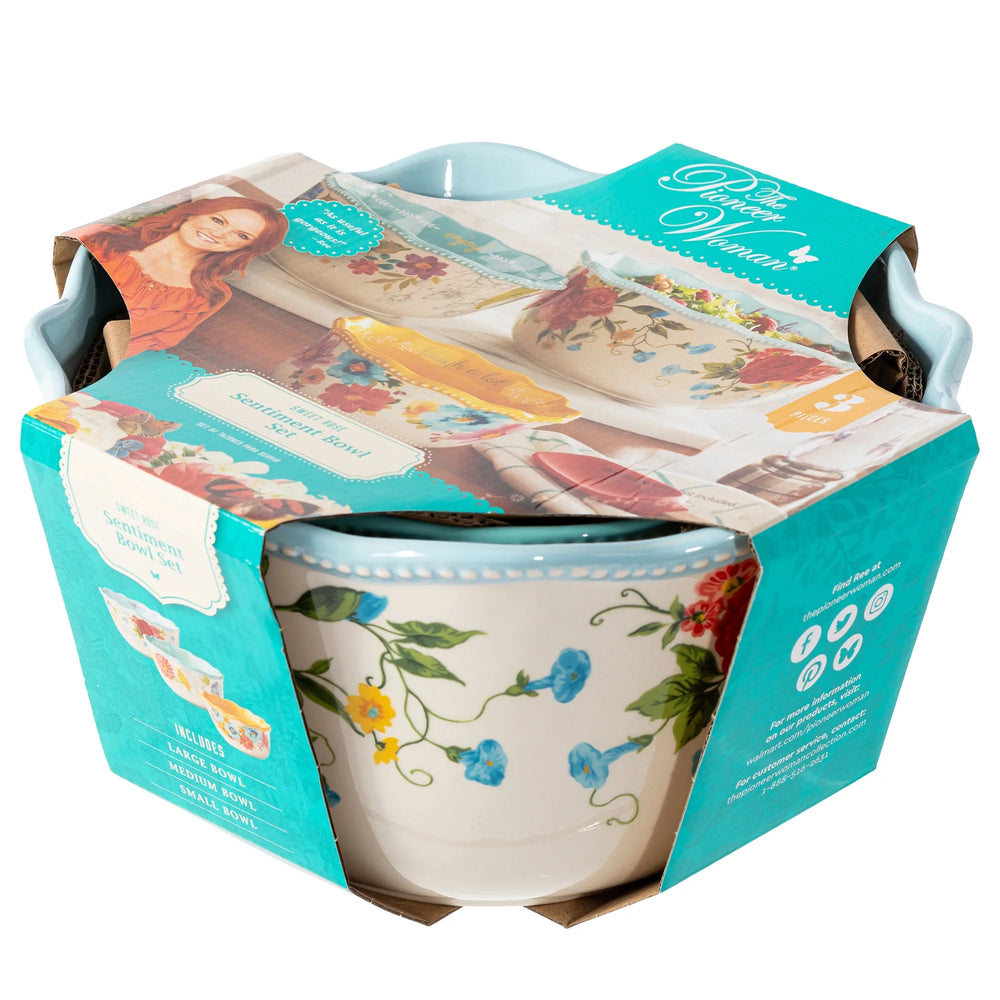 Set de 3 Bowls de Gres Floral Sweet Rose – Estilo Country Chic para Servir (25.4cm, 20.3cm y 15.2cm)